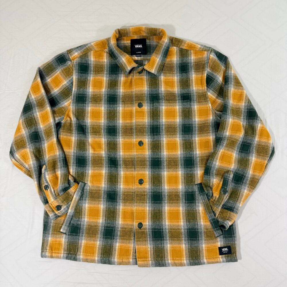Vans Flannel Shirt Jacket Mens XL Yellow Green Plaid Heavyweight Skater Coat
